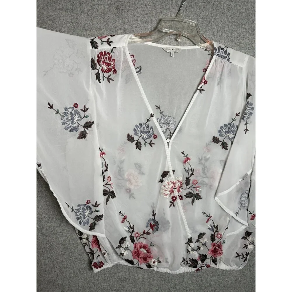 Lucky Brand XL Womens Top Sheer Embroidered Vneck White Floral Boho Cottage - Picture 13 of 16